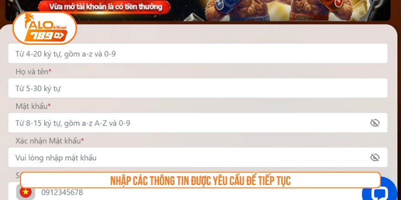 Bet thủ cần nhập các thông tin được yêu cầu 