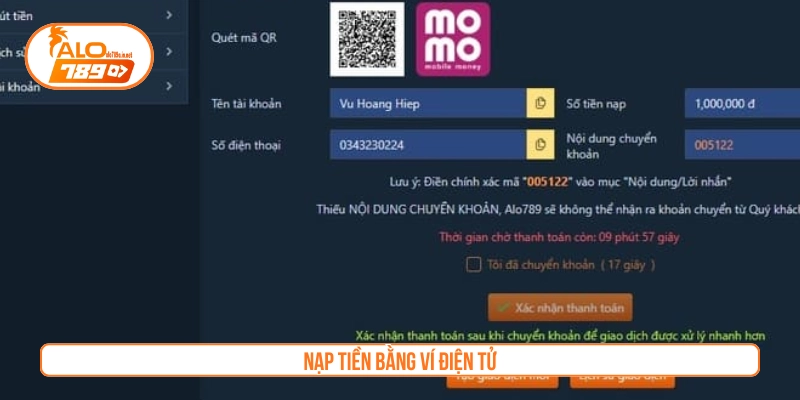 Nạp tiền ALO789 bằng các loại ví điện tử thông dụng